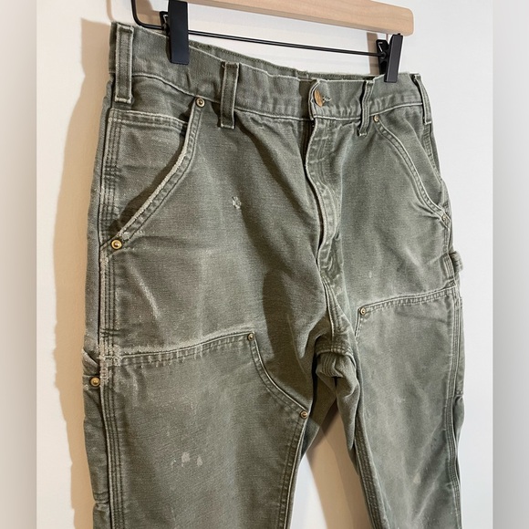 VTG Carhartt Double Knee Carpenter Pants Moss Green Distress 32x30 B01 MOS USA - Picture 5 of 12